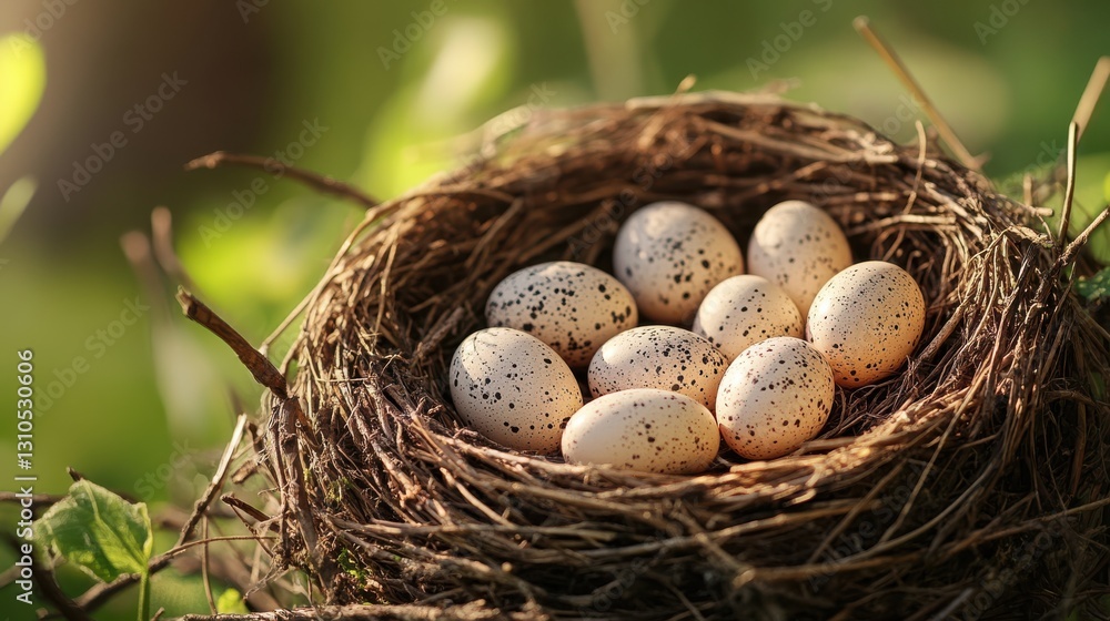 A bird's nest filled with speckled eggs A bird's nest filled with speckled eggs