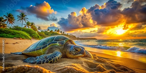 Green Sea Turtle Napping at Sunset, Poipu Beach, Kauai, Hawaii -  Peaceful Coastal Wildlife Scene