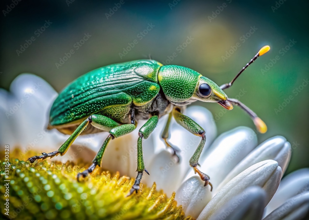 Green Weevil on White Petal - Low Light Macro Photography Stock Photo Green Weevil on White Petal - Low Light Macro Photography Stock Photo