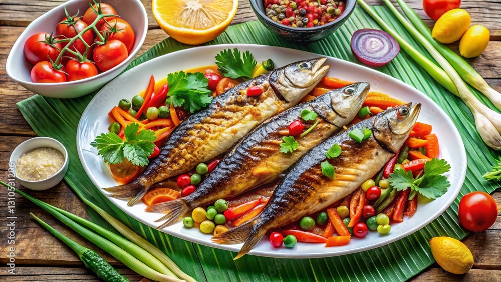 Grilled Mackerel with Sweet Fish Sauce & Vegetables, Samut Sakhon, Thailand - Panoramic Food Photography Grilled Mackerel with Sweet Fish Sauce & Vegetables, Samut Sakhon, Thailand - Panoramic Food Photography