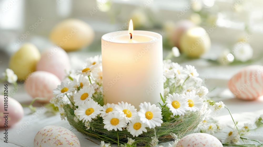 A charming Easter centerpiece with a candle and fresh daisies A charming Easter centerpiece with a candle and fresh daisies