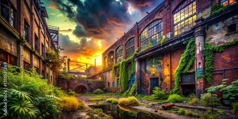 Fototapeta premium Gritty Industrial Landscape: Smoky Spray Paint Art on Derelict Factory