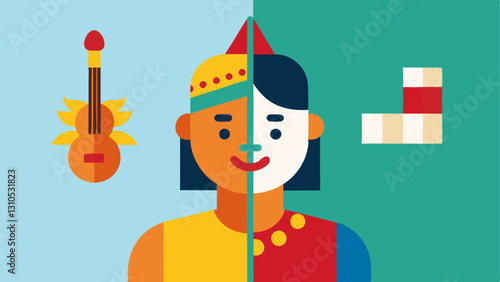 The Two Sides of Appropriation An depicting two sides one with authentic cultural celebration like a festival and the other with a commercialized version like a music