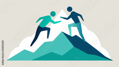 Supporting Each Other One figure helping another climb a stylized mountain portraying the idea of support and encouragement in building trust.