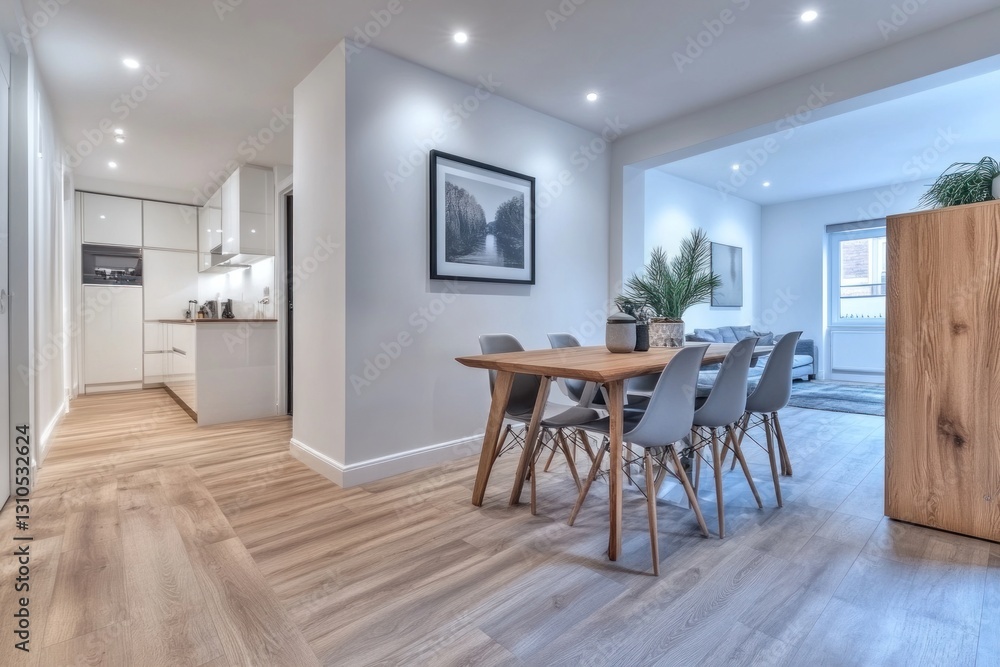 Fototapeta premium Modern open-plan apartment dining area, bright, spacious, use for interior design