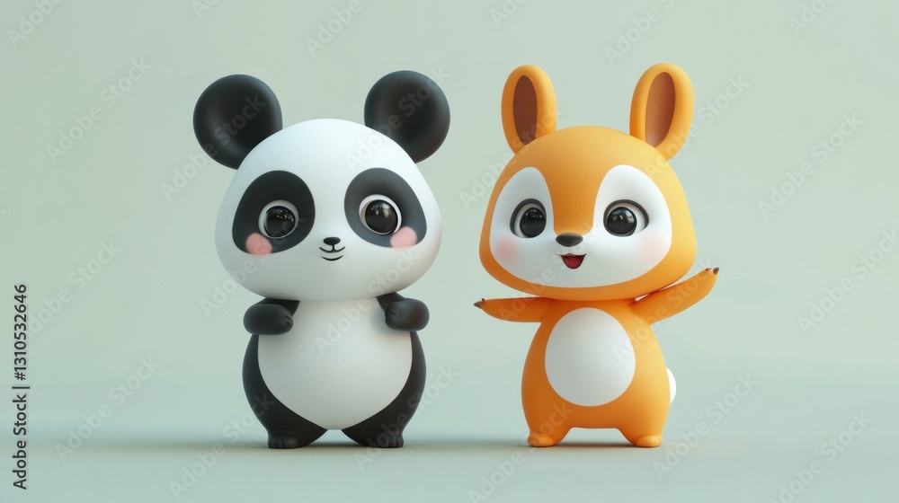 Two adorable cartoon animals standing next to each other smiling Two adorable cartoon animals standing next to each other smiling