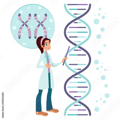 Female scientist editing a DNA structure. Vector illustration in flat style