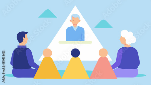 Pyramid Scheme A visual of an older adult watching a presentation with a pyramid chart surrounded by dubious young presenters illustrating the dangers of investment scams.