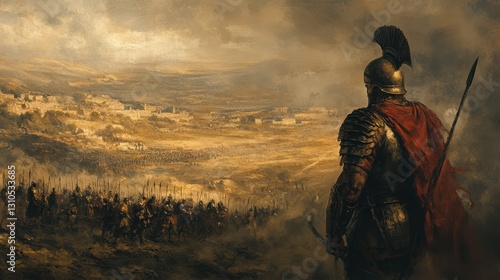 An armored soldier looks over a distant battlefield readying for war