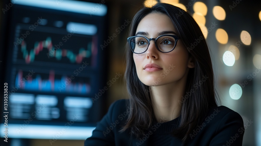 Woman contemplating financial charts in cafe Woman contemplating financial charts in cafe