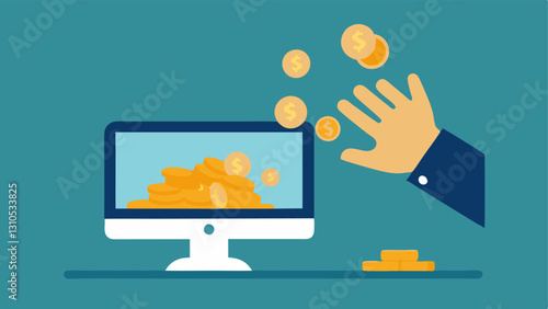 Stacked Coins A hand reaching out toward a mountain of coins that are spilling from a computer screen symbolizing the lure of online gambling and the financial implications of
