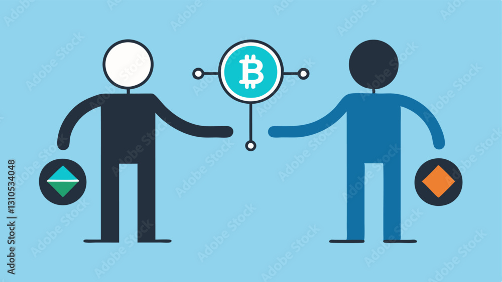 Obraz premium PeertoPeer Transaction Two stickfigure characters exchanging digital currency symbols directly with a blockchain graphic in the background indicating the peertopeer nature of