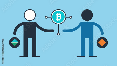 PeertoPeer Transaction Two stickfigure characters exchanging digital currency symbols directly with a blockchain graphic in the background indicating the peertopeer nature of