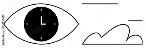 Eye outlined with clock inside emphasizes time perception, paired with simple cloud and lines. Ideal for focus, vision, time management, mindfulness, creativity, abstract thinking inspiration. Flat