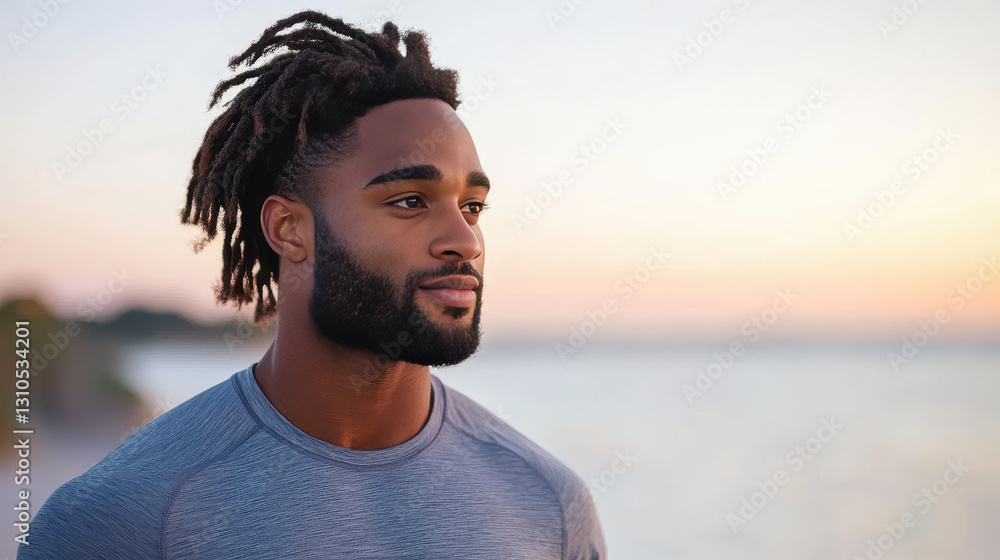 fitness model with dreadlocks stands by waterfront at sunset, exuding confidence and tranquility. fitness model with dreadlocks stands by waterfront at sunset, exuding confidence and tranquility.