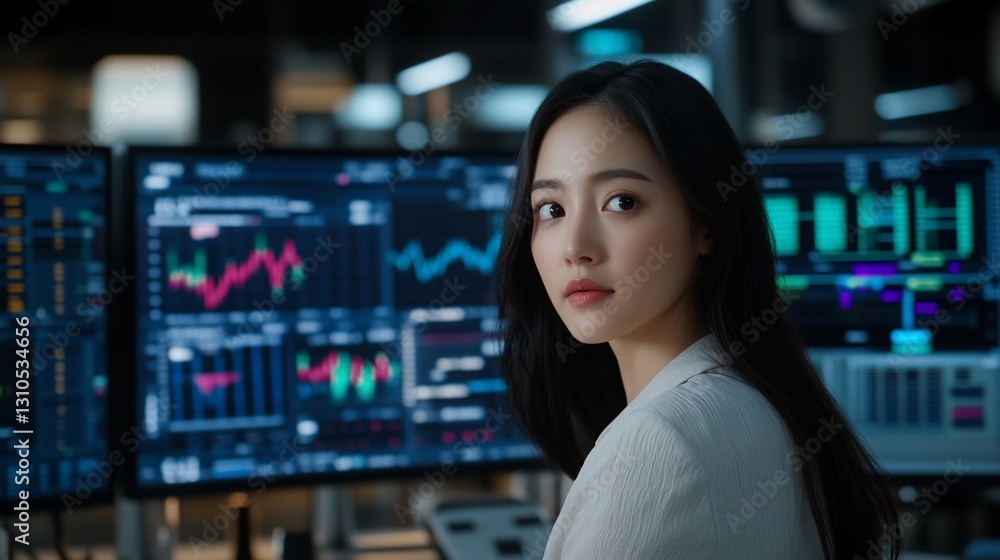 Woman looking back at computer screens Woman looking back at computer screens