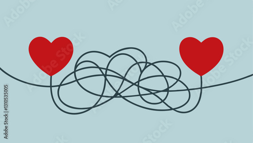 Tangled Hearts Two hearts in a tangled mess of string symbolizing confusion and complication in a relationship indicating how emotional bonds can become entangled with