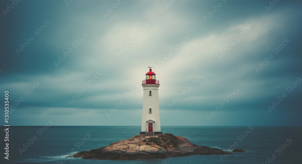 Majestic lighthouse on rocky island amidst stormy seas and moody skies Majestic lighthouse on rocky island amidst stormy seas and moody skies