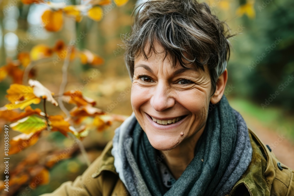 Portrait of smiling middle aged woman in autumn forest. Close up. Portrait of smiling middle aged woman in autumn forest. Close up.