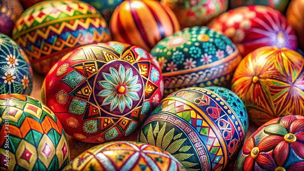 Hand-Painted Easter Eggs on Geometric Background: Festive Spring Stock Photo Hand-Painted Easter Eggs on Geometric Background: Festive Spring Stock Photo