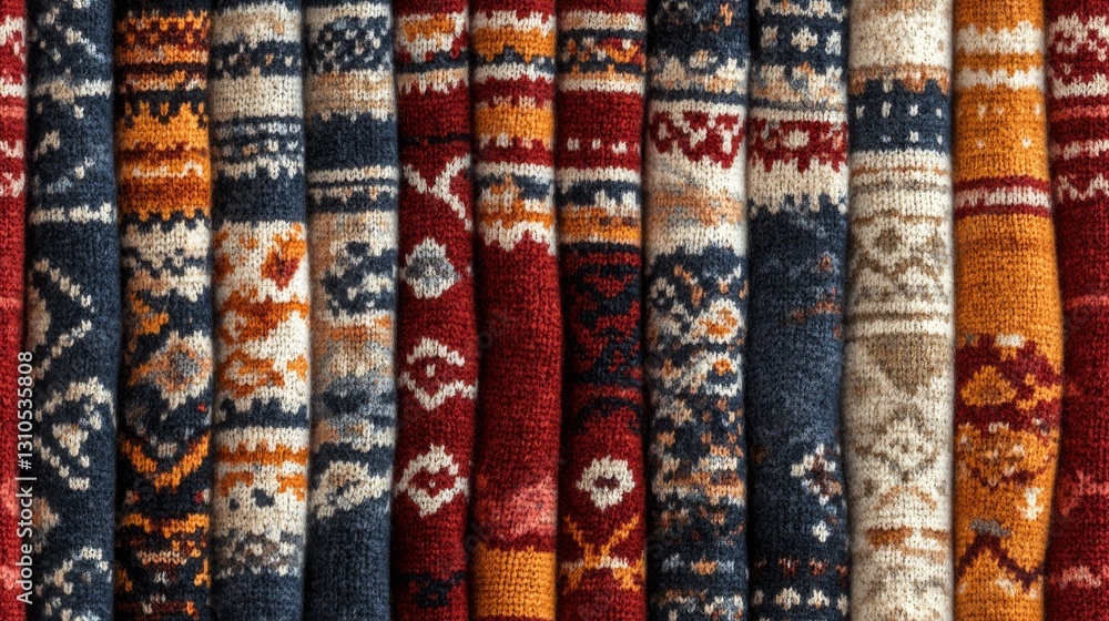 Stacked knitted sweaters displayed with different colors and patterns shown Stacked knitted sweaters displayed with different colors and patterns shown