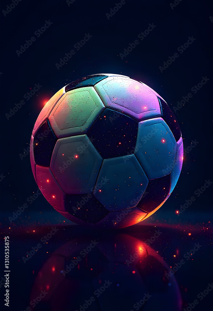 Fototapeta premium illustration of soccer ball in neon light against black background. close up of football ball