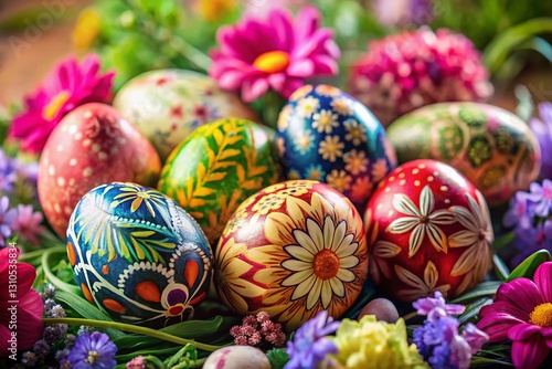 Hand-Painted Easter Eggs on Vibrant Floral Spring Background - Stock Photo