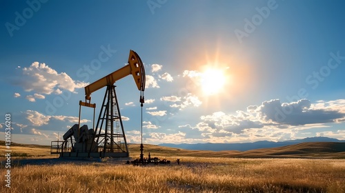 Onshore Oil Drilling Rig in Remote Desert Landscape Under a Vibrant Sky with Sun Rays and Rolling Hills in the Background