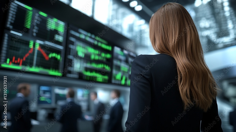 Woman observing stock market data on screens Woman observing stock market data on screens