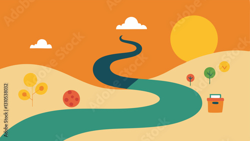Journey to Freedom A winding path leading towards a sunrise lined with symbols of consumption on one side and symbols of simplicity on the other illustrating the journey from