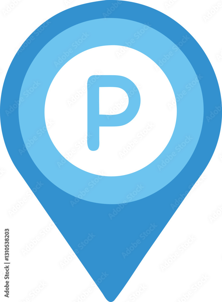 A blue location pin with a parking symbol A blue location pin with a parking symbol