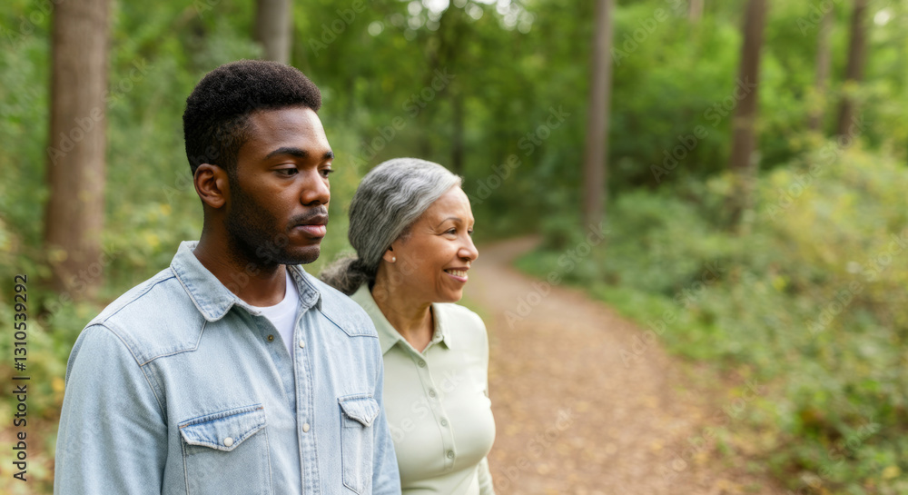 African male teen and mature female walking in forest