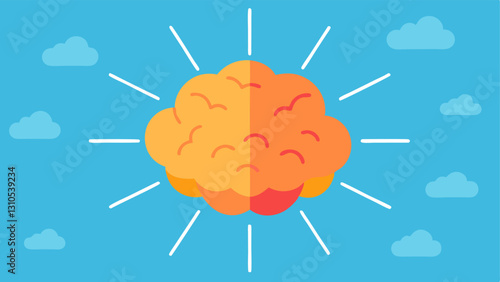 Sunshine Mindset A brain surrounded by sun rays and clouds symbolizing a positive mindset and the influence of optimism on happiness.