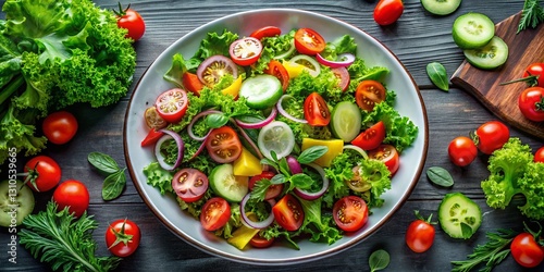 Healthy Green Salad with Vegetables - Top View Stock Photo