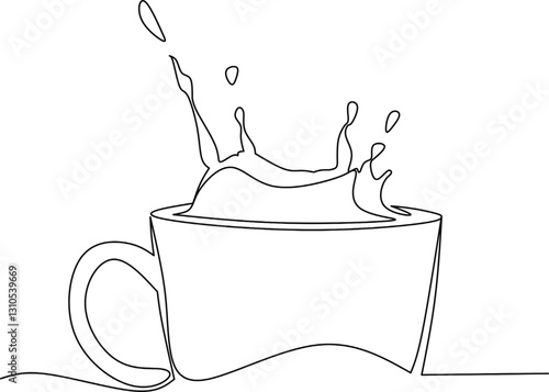 Coffe cup with splash continious line drawing vector,splash of coffe in the cup outline design vector,coffe splash continious line design vector 