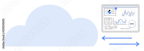 Cloud connected to an analytics dashboard with graphs and metrics via two-way arrows. Ideal for technology, data sharing, cloud storage, analytics, connectivity, digital transformation, business