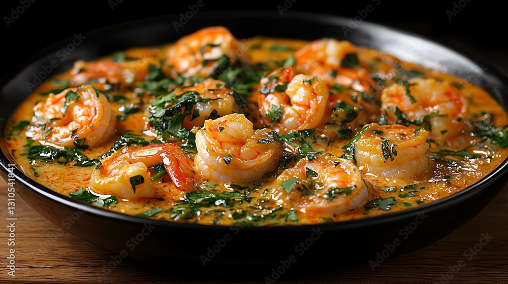 A delicious shrimp dish cooked with spices and fresh herbs in a creamy sauce. A delicious shrimp dish cooked with spices and fresh herbs in a creamy sauce.