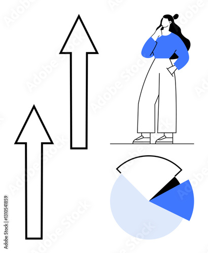 Woman standing with hand on chin, contemplating a pie chart and two upward arrows. Ideal for business strategy, decision making, growth, analytics, market research, progress, executive planning