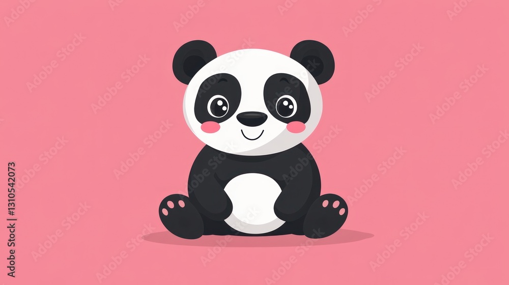 Fototapeta premium Cute cartoon panda bear sitting happily on a pink background