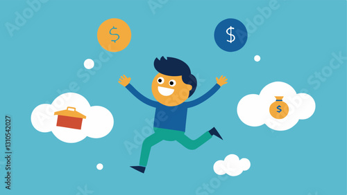 Person Cheering with Savings A cartoon character jumping for joy surrounded by thought bubbles showing increasing bank balance numbers and savings goals reached.