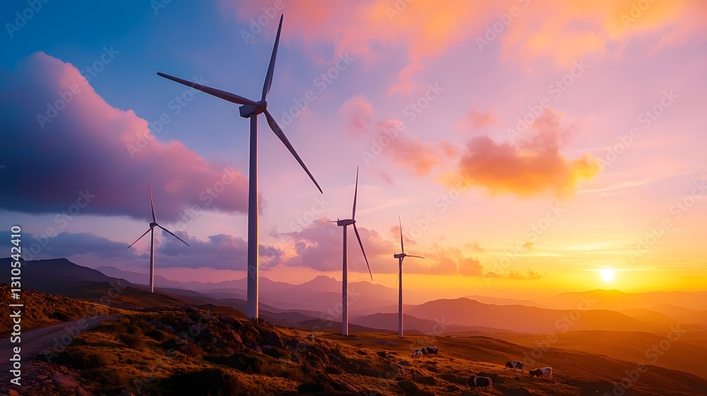Obraz premium Stunning Sunrise Over Wind Turbines in Rural Field with Cattle Grazing Nearby Surrounded by Serene Landscape and Scenic Hills