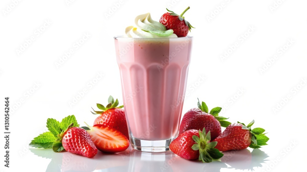 Strawberry Milkshake with Fresh Strawberries on White Background Strawberry Milkshake with Fresh Strawberries on White Background