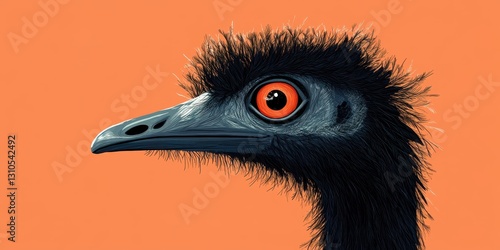 Close-Up Illustration of an Ostrich with Detailed Feathers, Bright Orange Background and Vivid Eyes Capturing Attention in a Bold Artistic Style