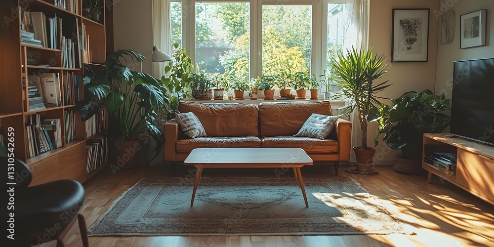 Obraz premium Sunlit Living Room Interior Design with Plants and Bookshelves