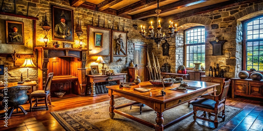 Fototapeta premium Historic Home Office: Medieval Armory Decor, Stone Walls, Heavy Wood Furniture