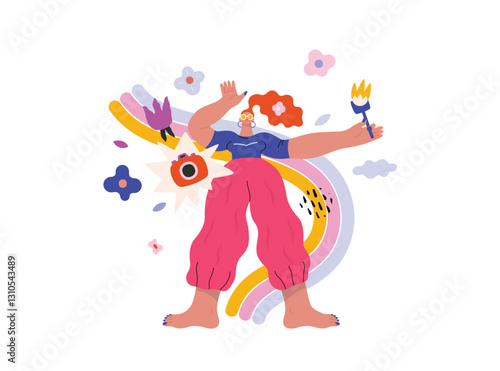 Life Unframed: Photo rainbow -modern flat vector concept illustration of a photographer and rainbow. Metaphor of unpredictability, imagination, whimsy, cycle of existence, play, growth and discovery