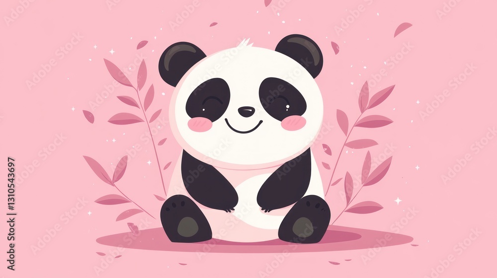 A Cute Cartoon Panda Bear Smiling Happily Against Pink Background