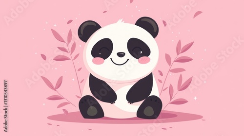 Obraz na płótnie A Cute Cartoon Panda Bear Smiling Happily Against Pink Background w salonie
