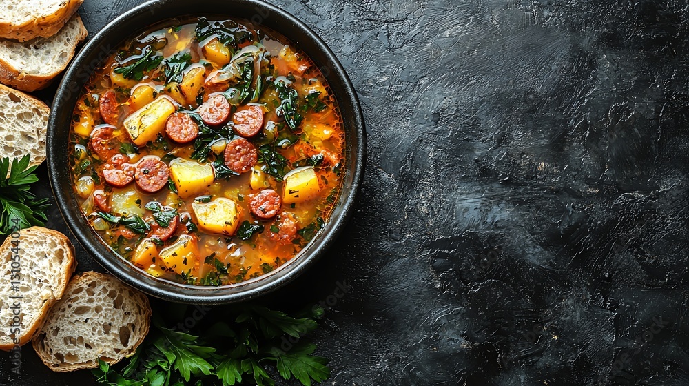 A savory stew filled with vegetables, sausage, and fresh herbs served with crusty bread. A savory stew filled with vegetables, sausage, and fresh herbs served with crusty bread.