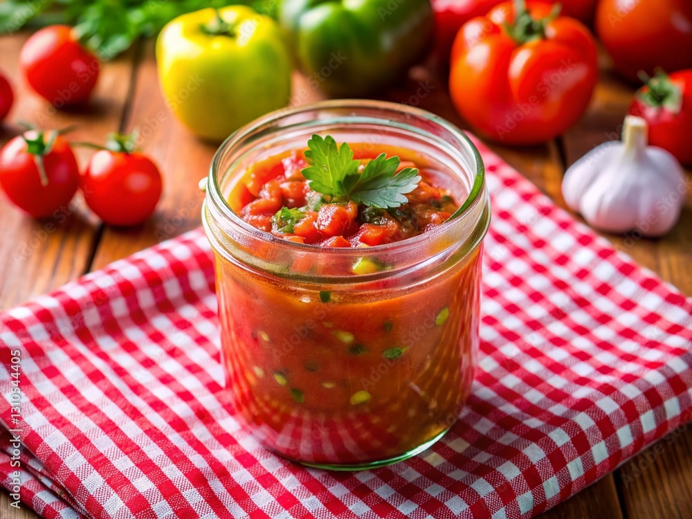 Homemade Salsa in Canning Jar on Red Gingham Tablecloth - Rustic Home Canning Stock Photo Homemade Salsa in Canning Jar on Red Gingham Tablecloth - Rustic Home Canning Stock Photo